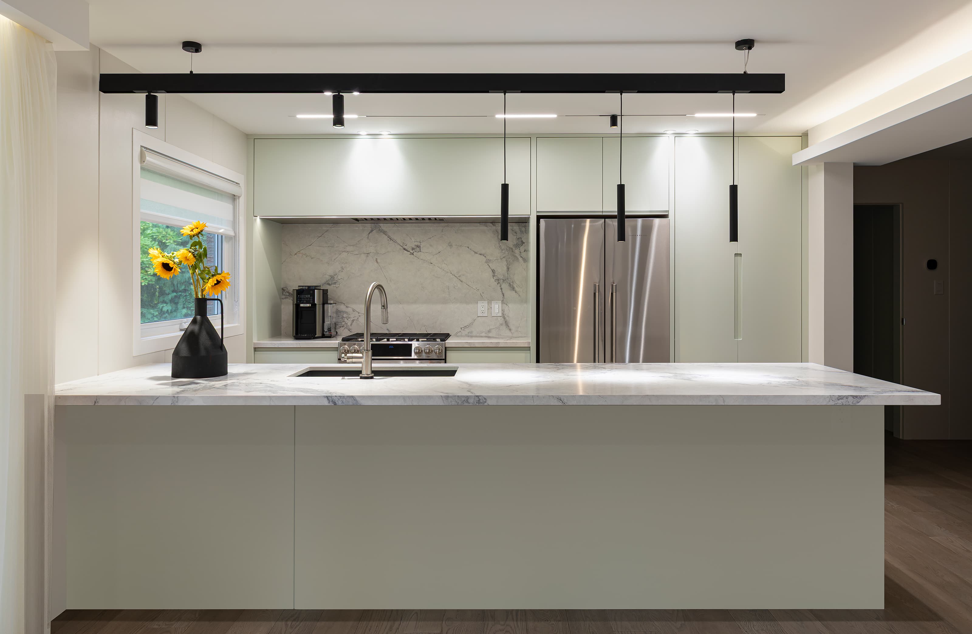 modern kitchen with long white countertop