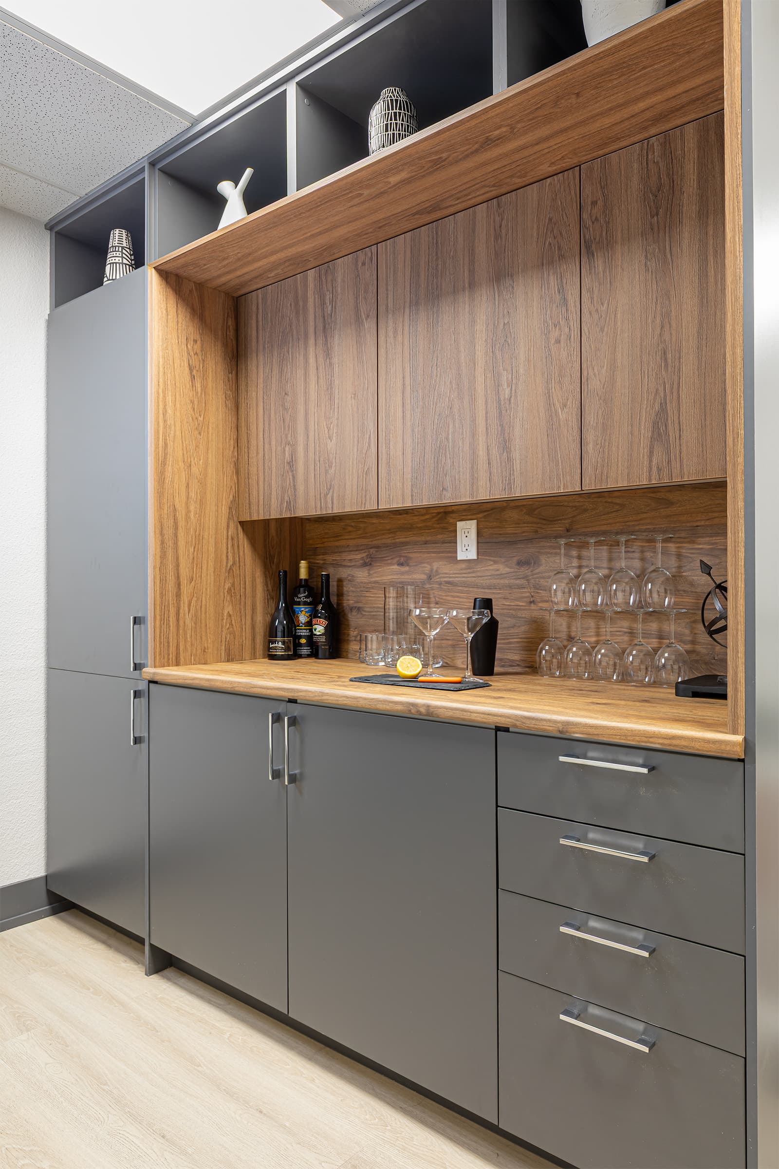 vertical shot of bar cabinetry display